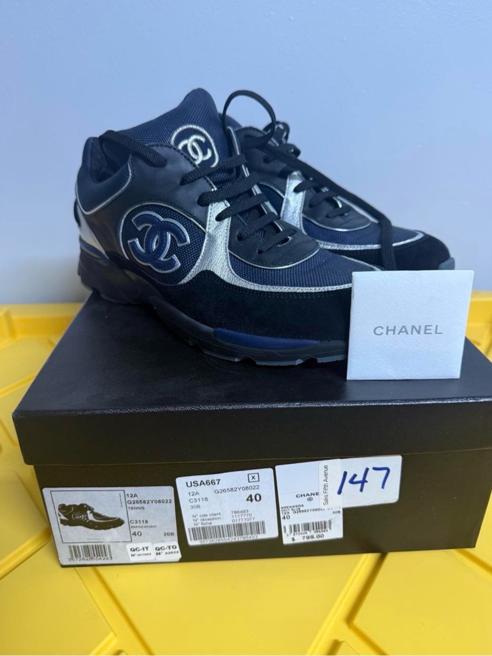 CHANEL Black Blue  & Silver Women’s  CC Logo Runner Sneakers - NEVER USED